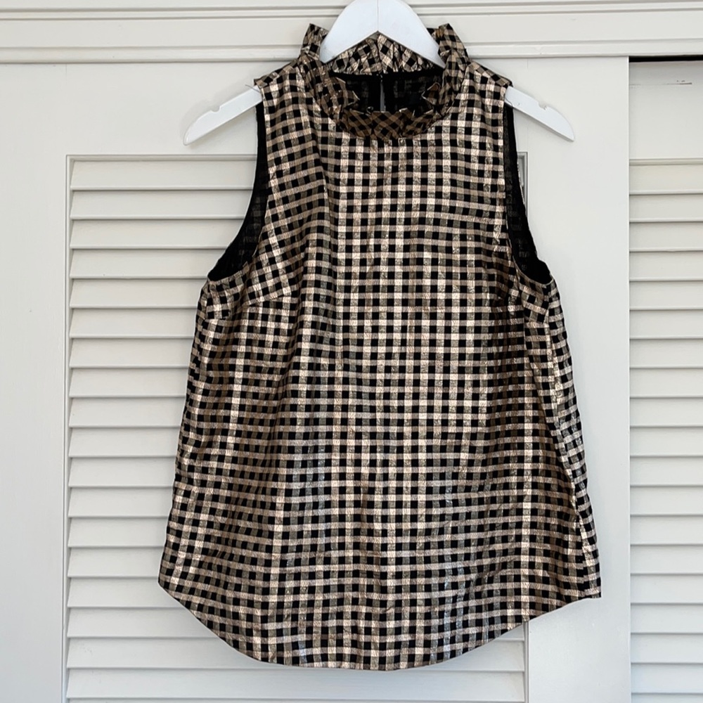 J.Crew Gold Metallic Gingham Ruffle Collar top